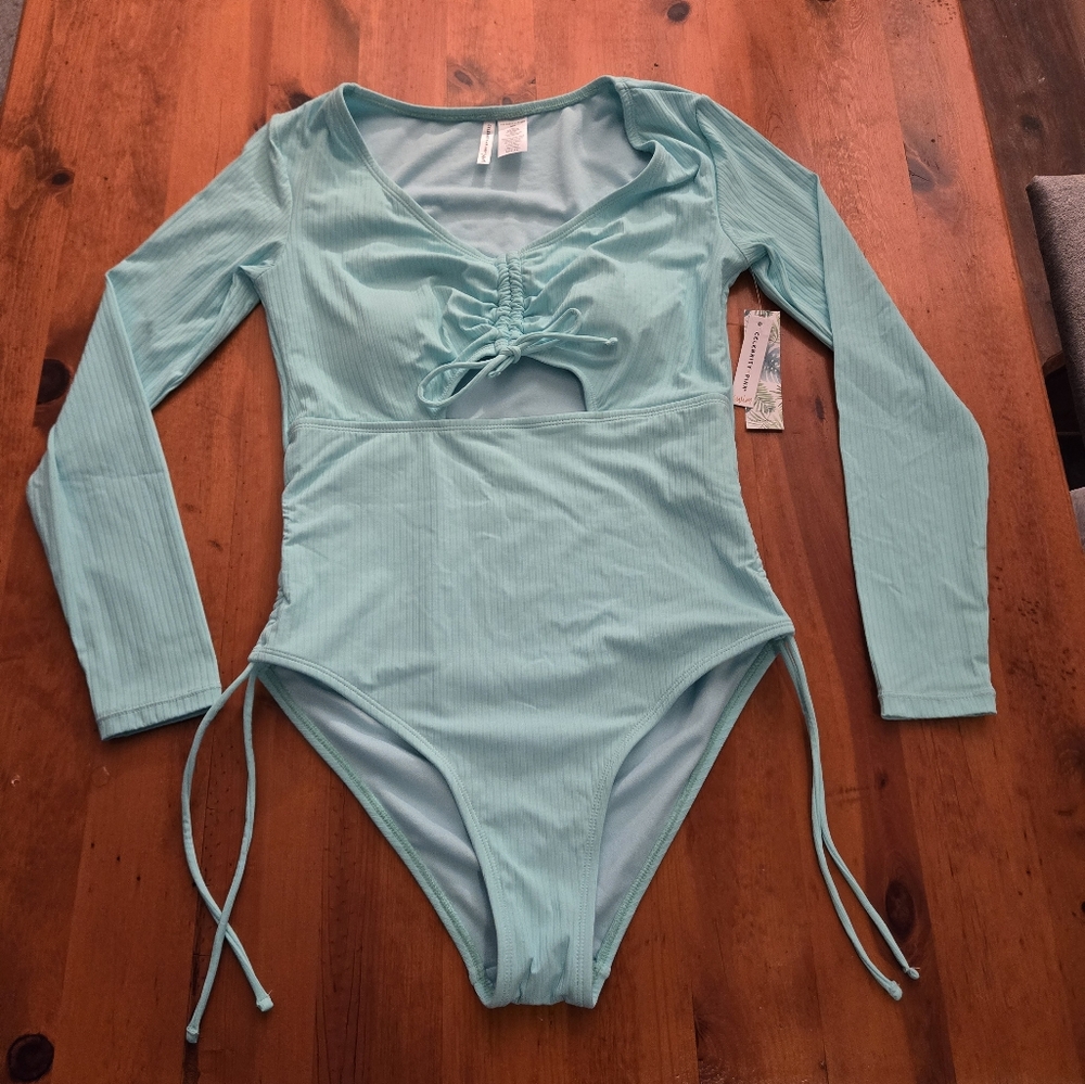 Celebrity Pink Aqua Blue Long Sleeve One Piece Swimsuit Size Juniors Large *flaw